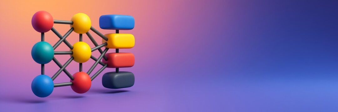Abstract neural network model with colorful geometric nodes and connectors on gradient background, symbolizing artificial intelligence concept. Ai generative