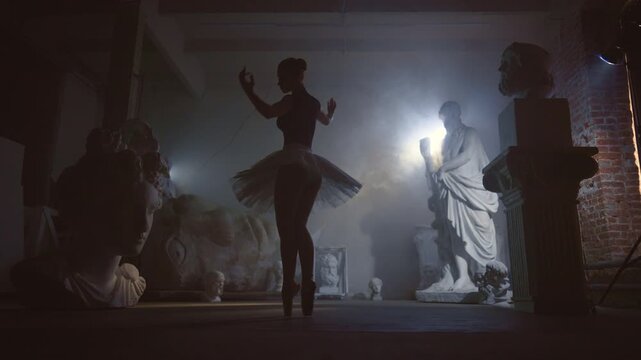 Ballet performance in museum with ancient statues, silhouette of woman in tutu. Fabulous beauty and grace of ballerina dancing in darkness, beautiful dancer demonstrating her talent, express emotions