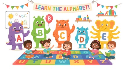 Fototapeta premium monster handling Colorful Alphabet Numbers and School Supplies Seamless Pattern for Kids Education