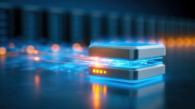 Ultra realistic futuristic storage icon glowing on circuit board with blue light and motion blur conveying speed and connectivity