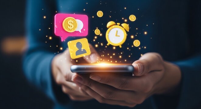 Close up of a person holding a smartphone with floating icons representing finance time user and notifications in a digital environment for technology and communication concepts