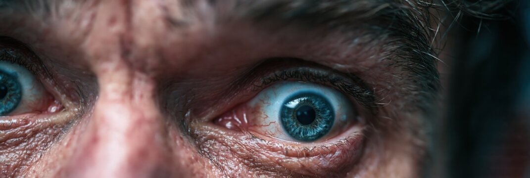 Person's wide blue eye expressing fear, shock, and intense emotion with dilated pupil and visible veins