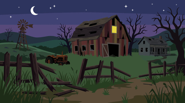 Abandoned farm at night with old barn and tractor under moon