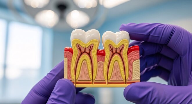 Close-up of a dental model showing healthy tooth structure and root canals held by a dentist wearing purple gloves in a modern dental clinic for dental health education and treatment