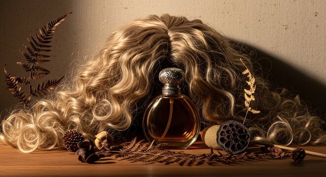 Elegant still life composition featuring a vintage glass perfume bottle surrounded by curly hair strands dried leaves and a wooden hairbrush