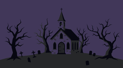 Fototapeta premium Spooky stone chapel and graveyard under a purple night sky