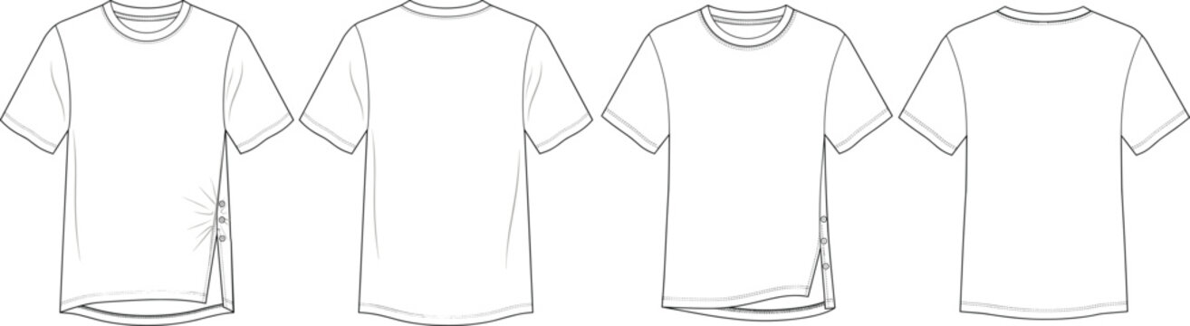 Blank white t shirt technical fashion sketch vector illustration template with side slit button details showing front and back views