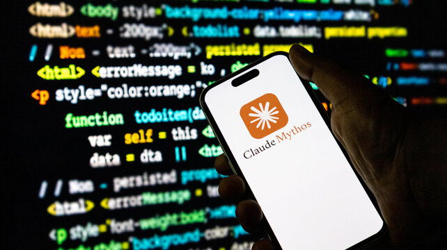 Closeup of a hand holding a smartphone displaying the claude mythos logo in front of a computer screen with programming code