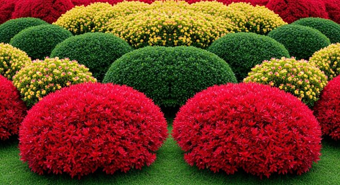 Beautiful colorful flower garden with vibrant red yellow and green bushes arranged in a symmetrical pattern for landscape design and outdoor decoration