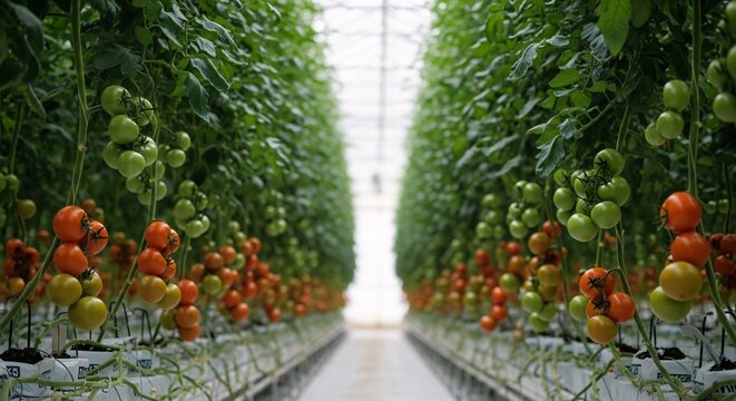 Indoor greenhouse with lush green tomato plants growing in a controlled environment for sustainable farming and fresh produce production