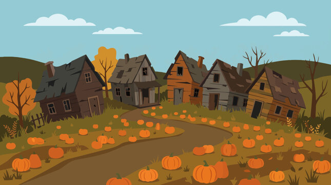 Abandoned spooky village surrounded by an autumn pumpkin field