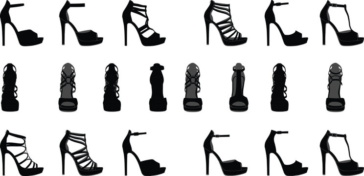 Collection of black female high heel shoes and strappy sandals silhouettes isolated on white background for fashion design