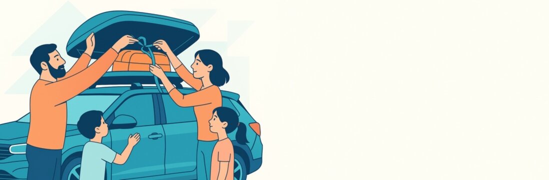 Family preparing for travel by packing car roof box with children watching, illustration with blank copy space on light background for design use. Ai generative