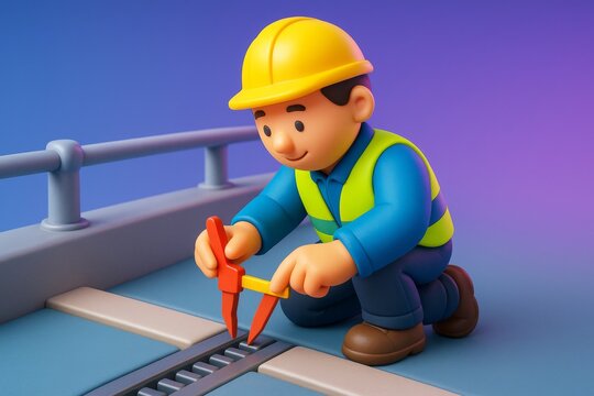 Cartoon railway worker measuring train tracks on futuristic background with bright lighting and creative transport concept illustrated clearly. Ai generative
