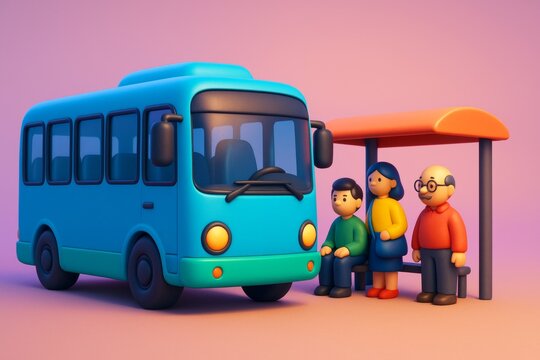 Cartoon-style blue bus with passengers waiting at bus stop on pastel gradient background, representing public transport concept in modern light.. Ai generative