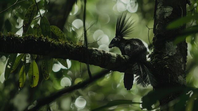 A view of a squirrel on a tree branch, bathed in sunlight.
