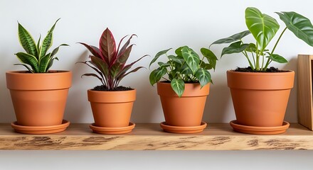 Fototapeta premium Collection of Assorted Green Houseplants in Terracotta Pots on Wooden Shelf