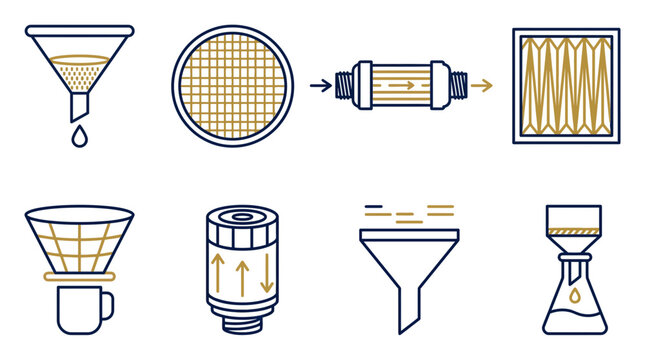 Water Filtration Process Icons Set: Purification, Filtering, and Testing
