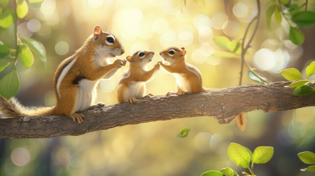 A view of a squirrel on a tree branch, bathed in sunlight.