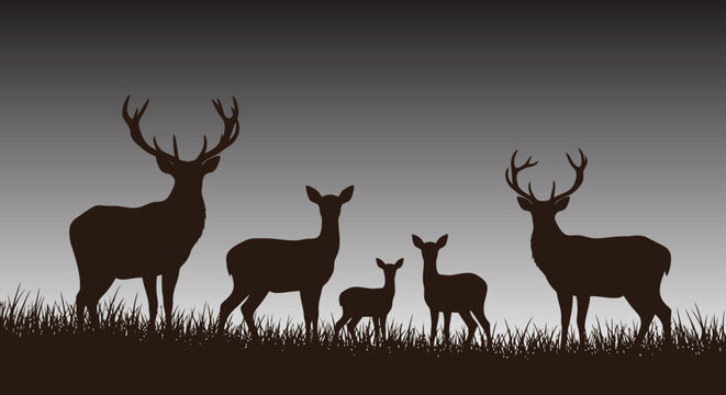 Silhouette illustration of deer family standing together in natural grassy environment.