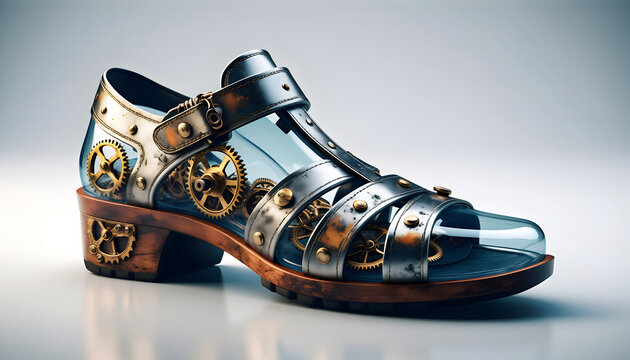 Stylish metallic sandal with coin embellishments on display.