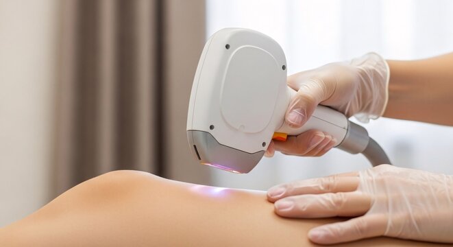 Medical professional performing laser skin treatment with handheld device on patient's abdomen in clinical setting for skin rejuvenation and cosmetic care