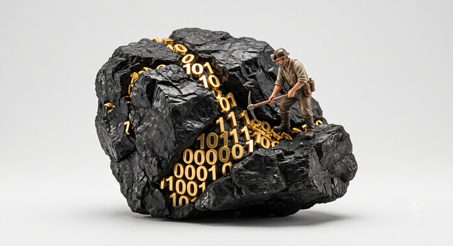 Concept of data mining represented by a large coal rock or mineral stone engraved with binary numbers and digital codes with miners
