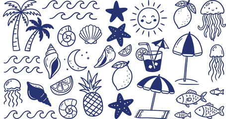 Summer beach icons set with palm trees, sea creatures and umbrellas ©  EngrMithun