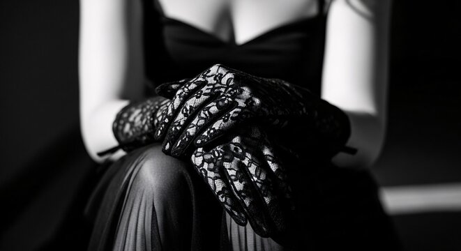 Elegant woman wearing black lace gloves and stylish black dress sitting with hands folded in a sophisticated pose for fashion and luxury themed photography