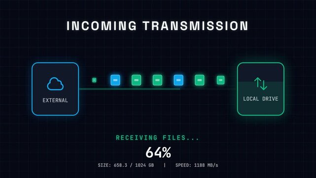 File transfer interface, detailed visual of data transmission progress from external to local drive with percentage display and speed metrics, seamless loop, symbolizing data transfer and technology