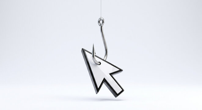 Concept of cybersecurity threat and phishing represented by a computer mouse cursor caught on a fishing hook