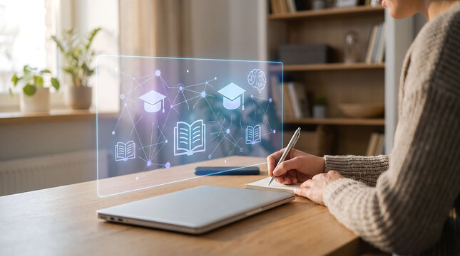 Student writing notes by laptop with digital education hologram