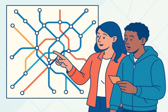 Two travelers looking at a colorful subway map for directions on a light background, concept of navigation and travel planning together. Ai generative