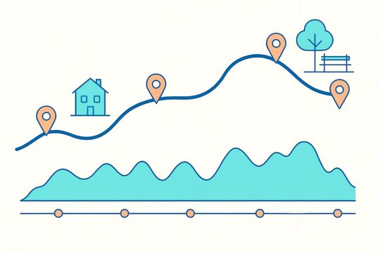 Abstract roadmap illustration with location pins, house, park, and timeline chart in minimal light blue style on white background. Ai generative