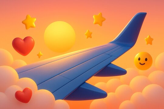 Airplane wing in colorful sunset sky with heart, star and smiley icons floating among clouds as joyful travel concept background illustration. Ai generative