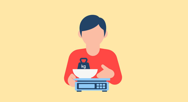 A cartoon illustration of a person using a digital kitchen scale to weigh a kilogram weight in a white bowl.