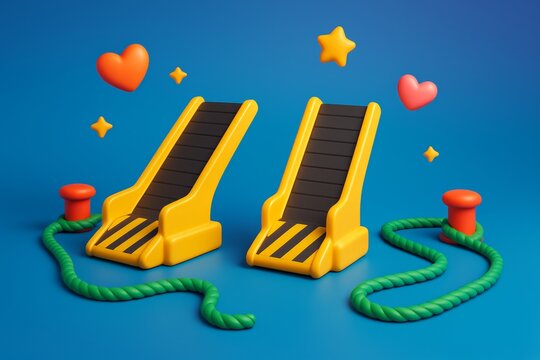 Bright yellow boarding ramps with floating hearts and stars on blue background, symbolizing lighthearted travel and creative transportation concept. Ai generative