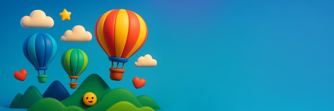 Colorful hot air balloons floating above hills with clouds and hearts in a playful blue sky background, perfect for travel poster or banner template. Ai generative