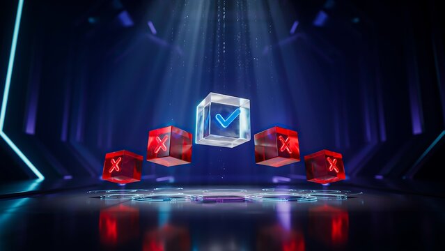 Verified checkbox cube among rejected cubes representing approval and quality assurance concept