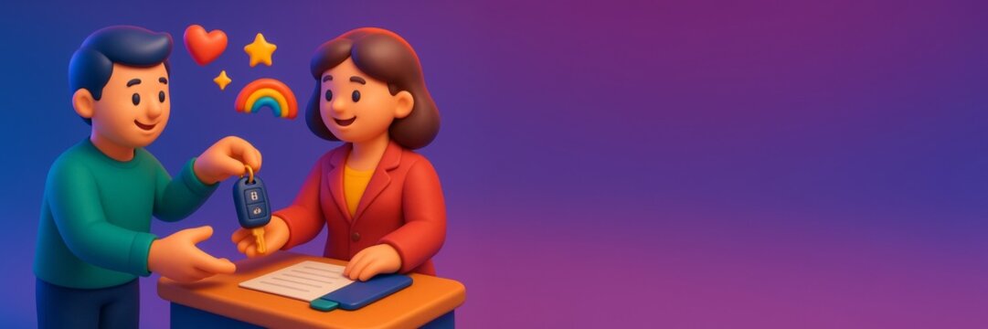 Happy customer receiving car key from dealership employee at desk with colorful gradient background and empty space for copy or advertising. Ai generative