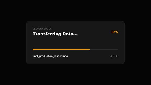 File transfer progress bar animation, detailed loading screen with percentage increasing from 17% to 100%, dark background with vibrant orange progress bar, symbolizing data transfer, progress