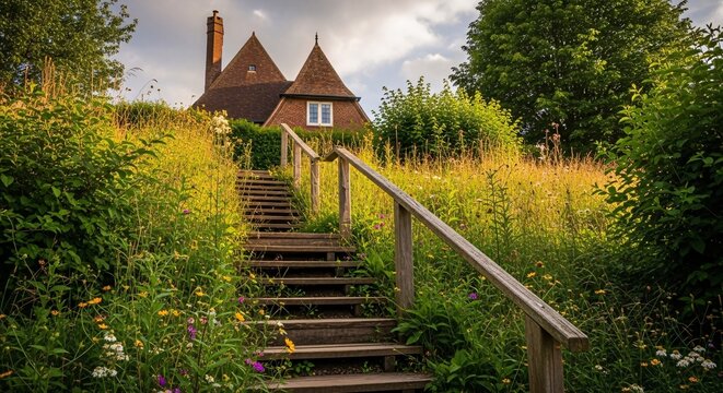 Charming countryside house surrounded by lush greenery and vibrant wildflowers with wooden stairs leading up to the cozy home under a partly cloudy sky in a peaceful rural setting