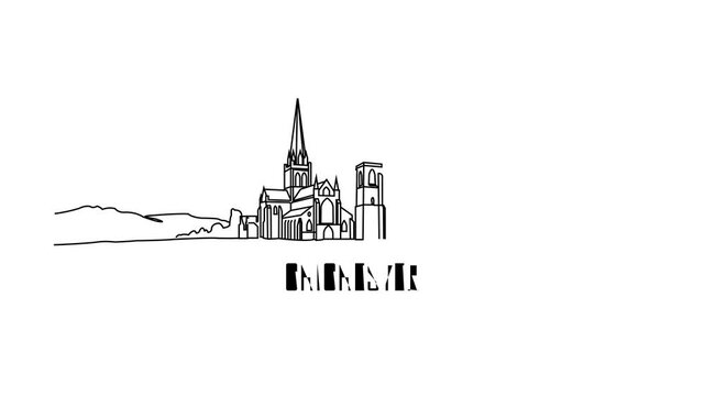 Simple line drawing shows a city Chichester skyline