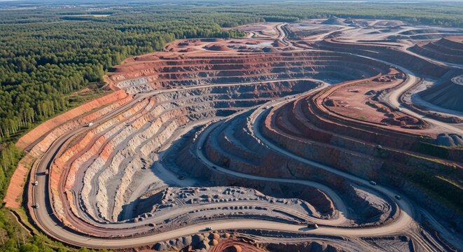 Large Open Pit Mining Quarry with Terraced Excavation and Heavy Equipment in a Vast Industrial Site for Resource Extraction and Mineral Mining Industry