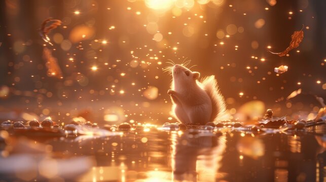 A view of a squirrel on a tree branch, bathed in sunlight.