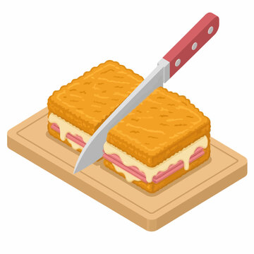 Isometric vector illustration of a golden-brown breaded ham and cheese sandwich being sliced diagonally by a chef knife on a wooden cutting board, isolated on a white background.