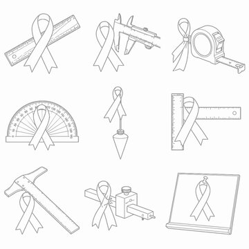 Set of nine thin line vector icons featuring awareness ribbons paired with professional measurement tools including calipers, rulers, protractors, tape measures, and drafting squares.