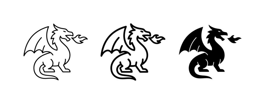 Dragon Icons Set: Mythical Creature Vector Graphics, Fire Breathing Dragon Symbols, Fantasy Beast Line Art and Silhouette