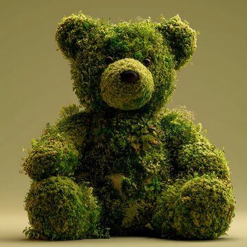 A lovable teddy bear completely covered with lush green moss and tiny forest plants, surreal nature creature