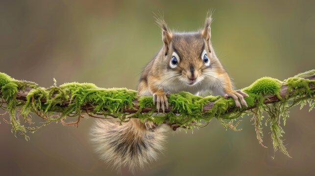 A view of a squirrel on a tree branch, bathed in sunlight.